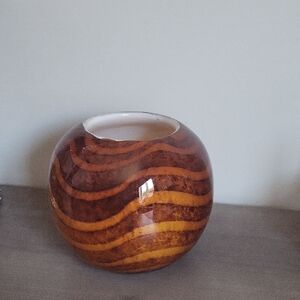 Vintage Tiger Stripe Art Glass Vase, Amber  Blown Glass Bowl, Glass Sphere Vase,
